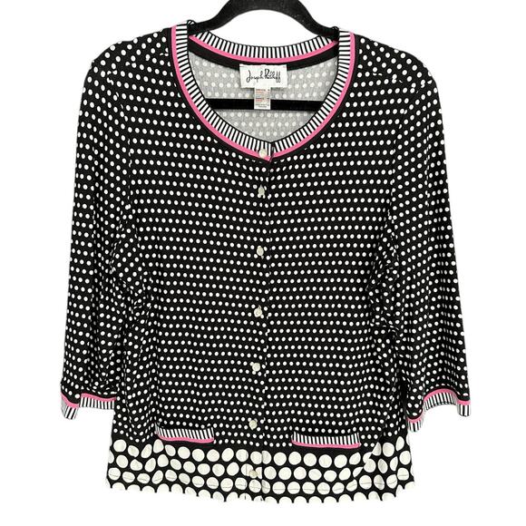 Joseph Ribkoff Black Cardigan White Polka Dot Pink Accents Button Closure 16 - Picture 1 of 6